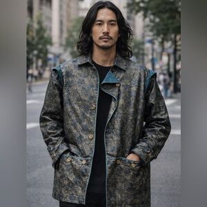 Metallic Brocade Tapestry Jacket Blue Gold Statement Boho Anthropologic Style
